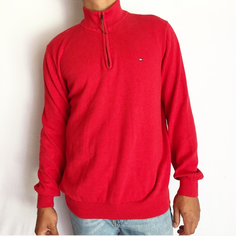 Red Tommy Hilfiger logo xl 1/4 zip sweater fleece